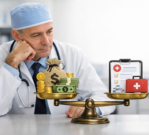 A doctor looking at a scale with money and a bag of money