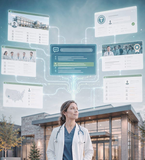 A doctor in front of a medical office, framed by various websites that help inform ChatGPT about the practice