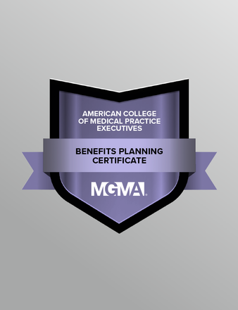 A graphic displaying a digital badge for the American College of Medical Practice Executives' Benefits Planning Certificate.